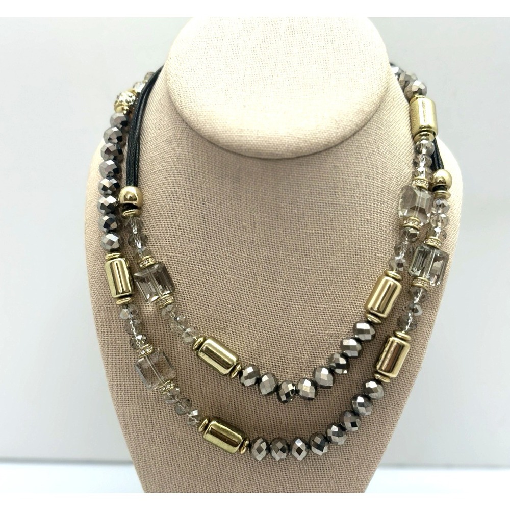 Chico's Beaded Necklace Gold Tone Crystal Glass Rhinestone Black Cord 36" Long